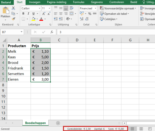 Statusbalk Excel