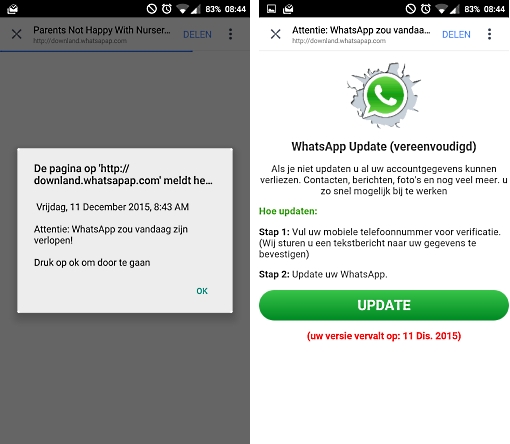 WhatsApp, voorbeelden valse update