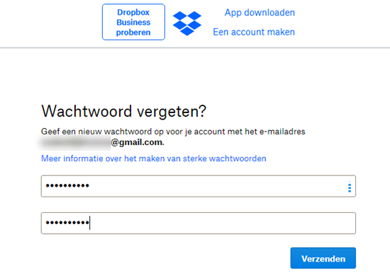 Nieuw wachtwoord instellen in Dropbox