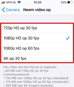 Choose frame rate on iPhone