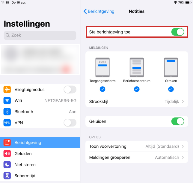 Notification settings on iPad