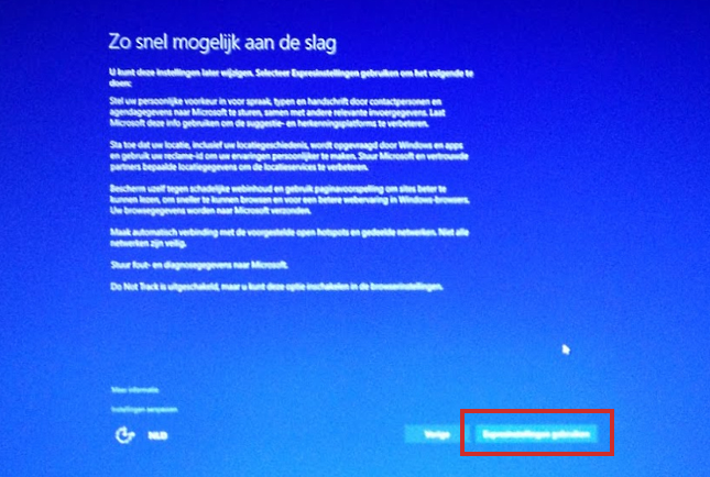 Windows 10, expressinstellingen