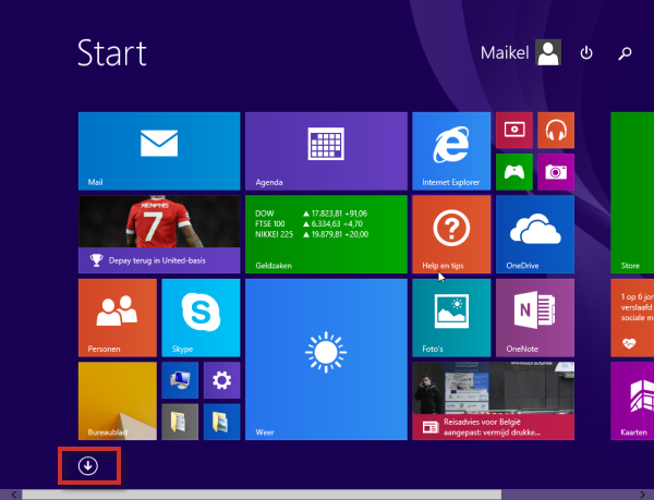 Klik op het pijltje om alle programma's van Windows 8.1 te tonen