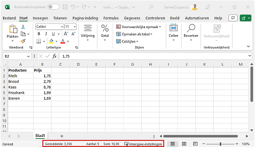 Berekeningen op statusbalk in Excel